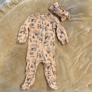 kate quinn Tan Bear-Print Footed One-Piece with Matching Headband
